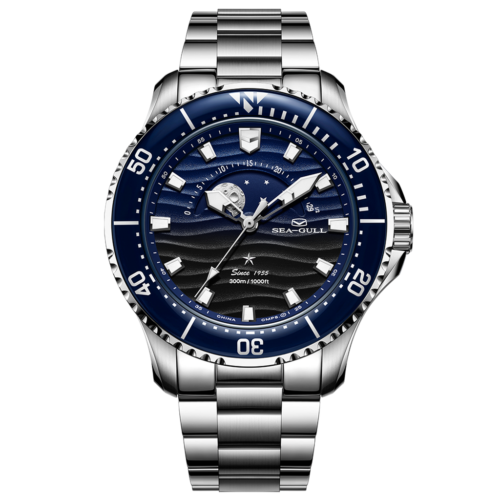 Ocean Series Pro 300m Moon Phase Gradient Wave-textured Dial Diving Watch 43.5mm